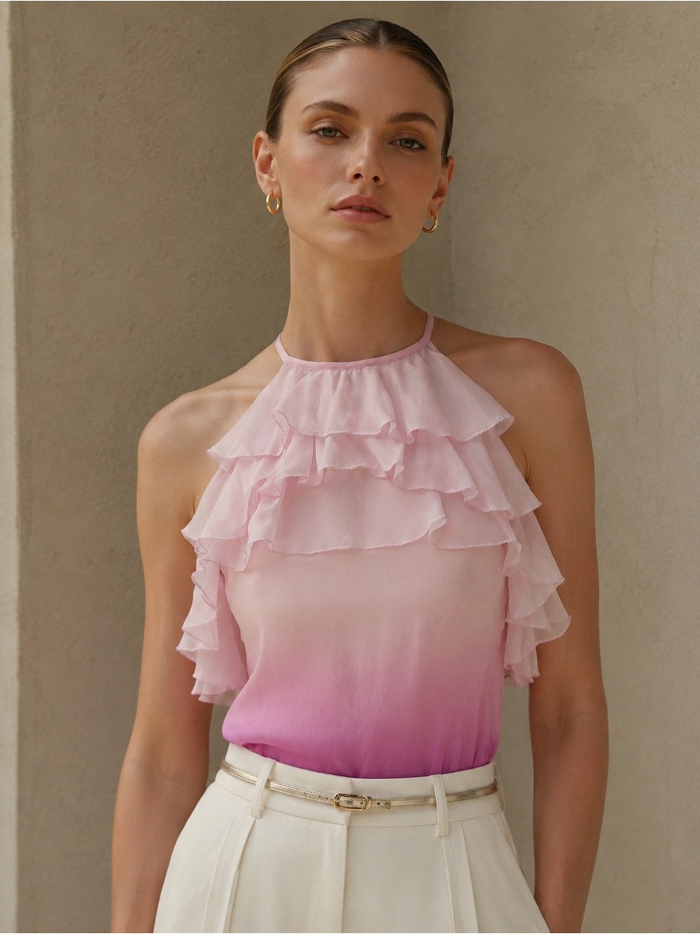Rebecca Taylor Silk Ombré Ruffle Halter Top Size 0 Pink Purple